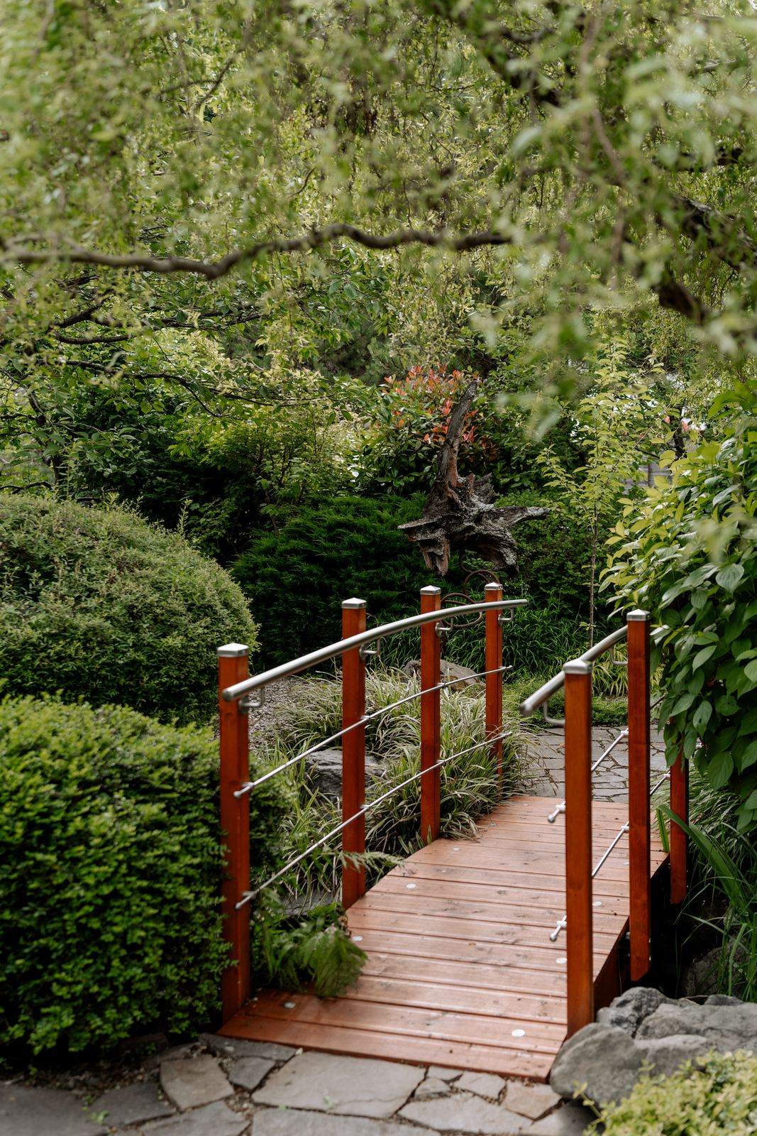 Rote Holzbrücke zwischen runden Sträuchern im Bonsai-Garten